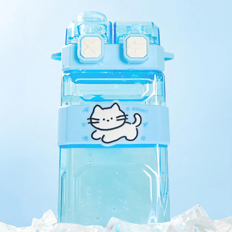 SQUARE STRAW WATER BOTTLE CAT BLUE